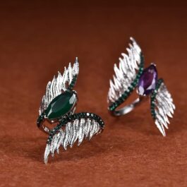 Vintage Green Agate Marquise Cut Feather Ring in Sterling Silver