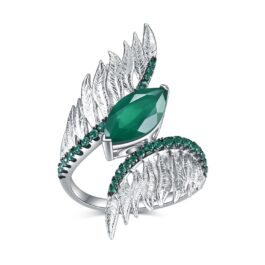 Vintage Green Agate Marquise Cut Feather Ring in Sterling Silver