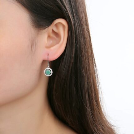 Vintage Emerald Round Cut Halo Drop Earrings in Sterling Silver - Image 2