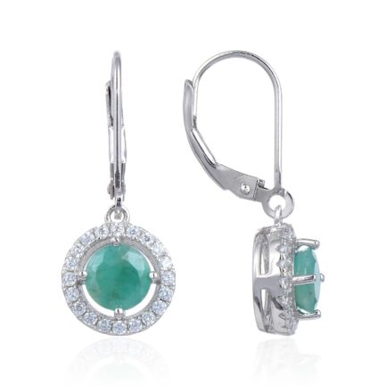 Vintage Emerald Round Cut Halo Drop Earrings in Sterling Silver