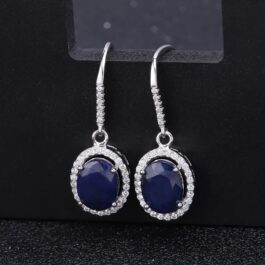 9mm Vintage Blue Sapphire Oval Cut Drop Earrings in Sterling Silver