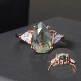 12mm Vintage Moss Agate Pear Cut Ring in Sterling Silver