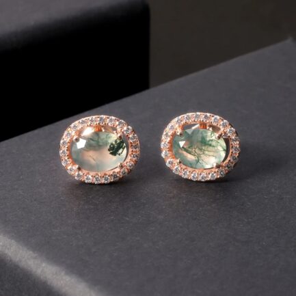 8mm Vintage Moss Agate Oval Cut Stud Earrings in Sterling Silver - Image 5