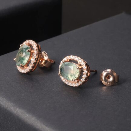 8mm Vintage Moss Agate Oval Cut Stud Earrings in Sterling Silver - Image 3