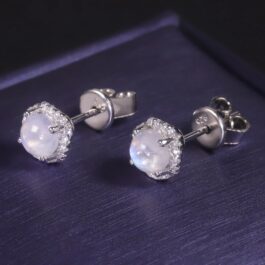 Vintage Moonstone Round Cut Stud Earrings in Sterling Silver