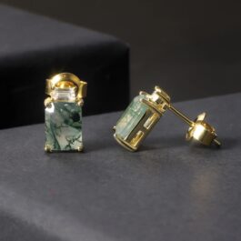 Vintage Moss Agate Emerald Cut Stud Earrings in Sterling Silver