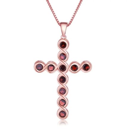 4mm Vintage Red Garnet Round Cut Cross Pendant Necklace in Sterling Silver