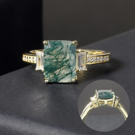 9mm Vintage Moss Agate Emerald Cut Ring in Sterling Silver