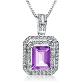 9mm Vintage Amethyst Emerald Cut Pendant Necklace in Sterling Silver