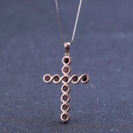 4mm Vintage Red Garnet Round Cut Cross Pendant Necklace in Sterling Silver