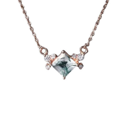 5mm Vintage Moss Agate Princess Cut Pendant Necklace in Sterling Silver