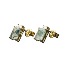 Vintage Moss Agate Emerald Cut Stud Earrings in Sterling Silver