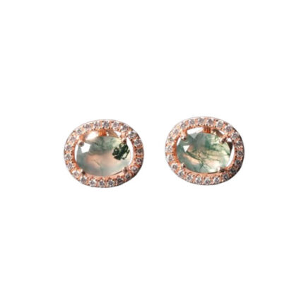 8mm Vintage Moss Agate Oval Cut Stud Earrings in Sterling Silver