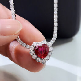 8mm Ruby Heart Cut Pendants Necklace in Sterling Silver