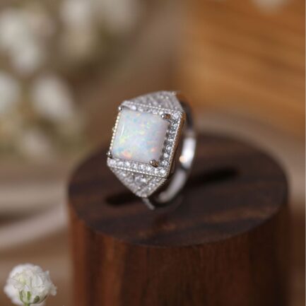 Square Cut White Sapphire Opal Halo Engagement Ring - Image 6