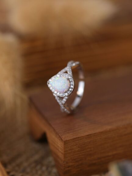 Pear Cut White Sapphire Opal Halo Engagement Ring - Image 5