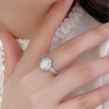 Oval Cut White Opal Halo Engagement Ring - Image 3