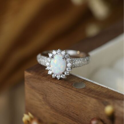 Oval Cut White Opal Halo Engagement Ring - Image 6