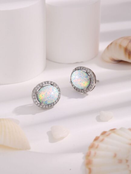 Oval Cut Opal Halo Stud Earrings For Women - Image 7