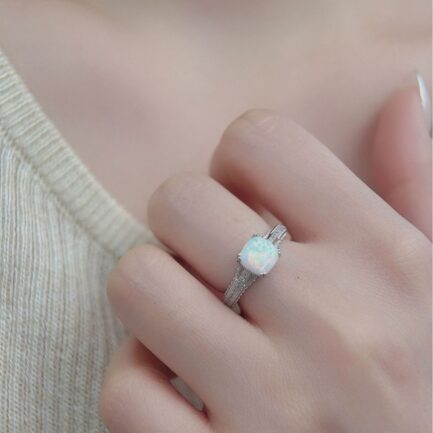 Square Cut White Sapphire Opal Engagement Ring - Image 2