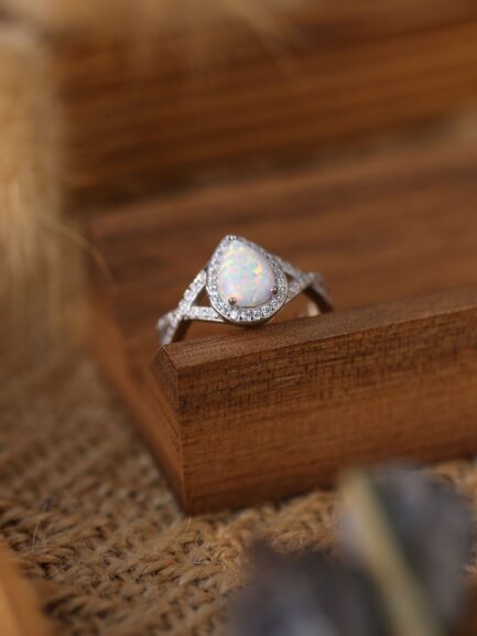 Pear Cut White Sapphire Opal Halo Engagement Ring - Image 6