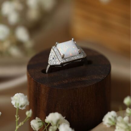 Square Cut White Sapphire Opal Halo Engagement Ring - Image 2