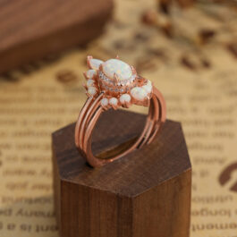 Rose Gold Oval Cut White Opal 3PC Engagement Ring Set