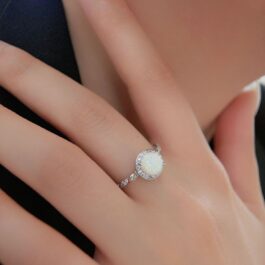 Rope Pave Round Cut White Sapphire Opal Engagement Ring