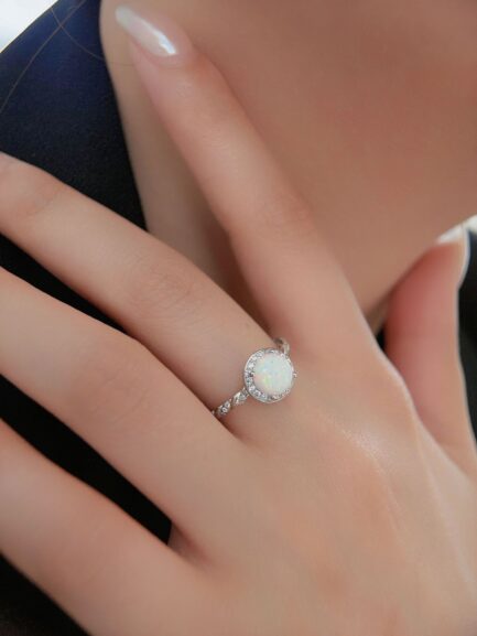 Rope Pave Round Cut White Sapphire Opal Engagement Ring - Image 2