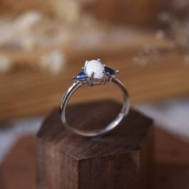 Three Stone Oval Cut White Opal Engagement Ring