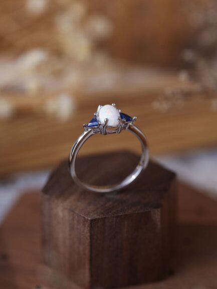 Three Stone Oval Cut White Opal Engagement Ring - Image 2