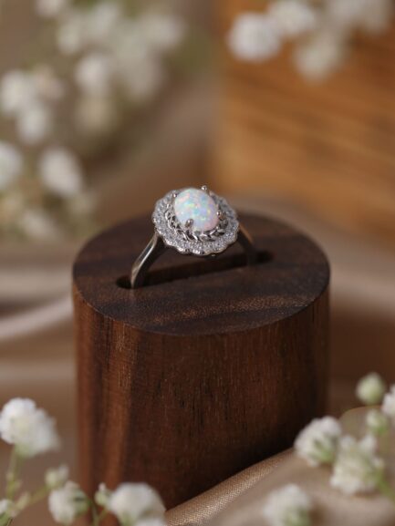 Oval Cut White Sapphire Opal Halo Engagement Ring - Image 4