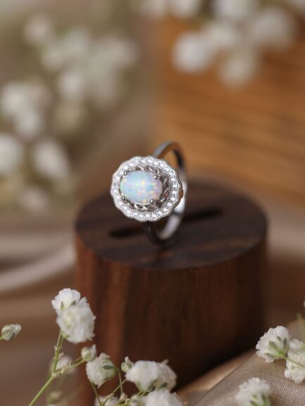 Oval Cut White Sapphire Opal Halo Engagement Ring - Image 5