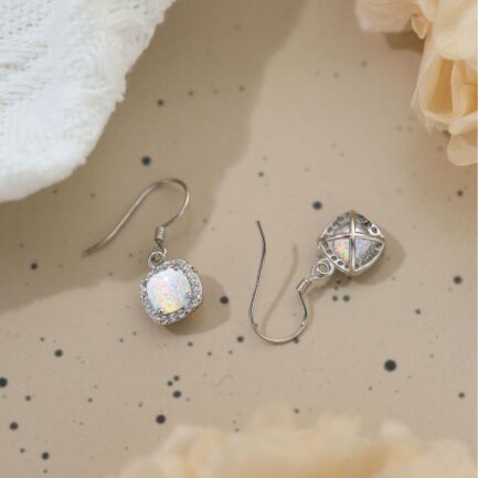 Square Cut Opal Halo Drop Earrings For Women - Image 4