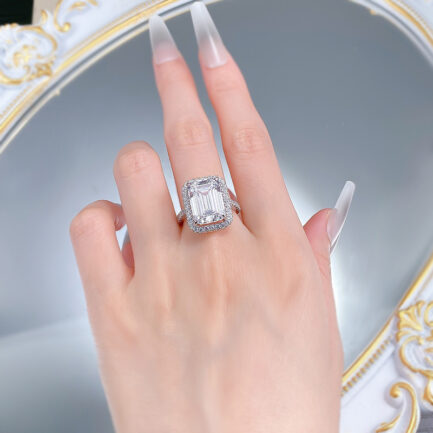 White Sapphire Emerald Cut Halo Ring in Sterling Silver - Image 6