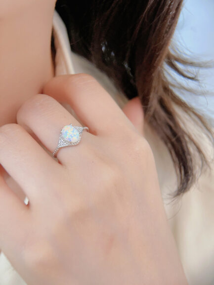 Oval Cut White Sapphire Opal Engagement Ring - Image 2