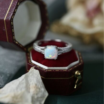 Square Cut White Sapphire Opal Engagement Ring - Image 4