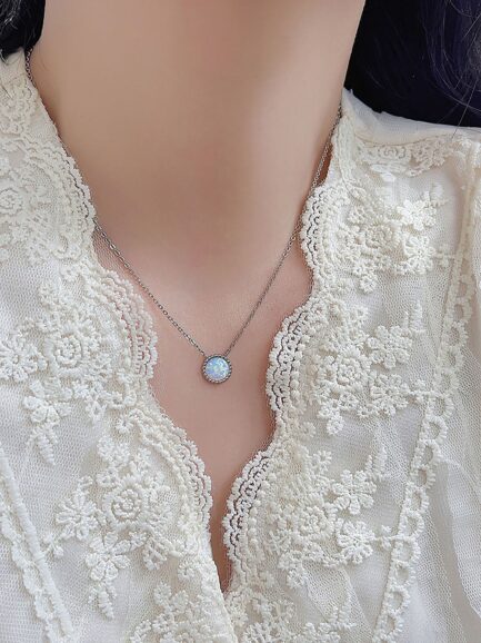 Round Cut White Opal Pendant Necklace For Women - Image 3