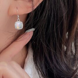 Square Cut Opal Halo Drop Earrings For Women