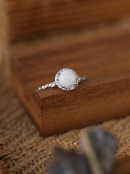 Rope Pave Round Cut White Sapphire Opal Engagement Ring - Image 3