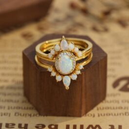 Golden Oval Cut White Opal 3PC Engagement Ring Set