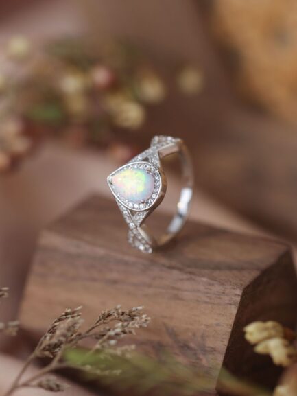 Pear Cut White Sapphire Opal Halo Engagement Ring - Image 4