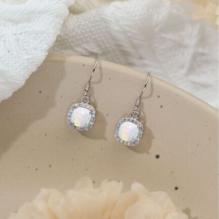 Square Cut Opal Halo Drop Earrings For Women - Image 5