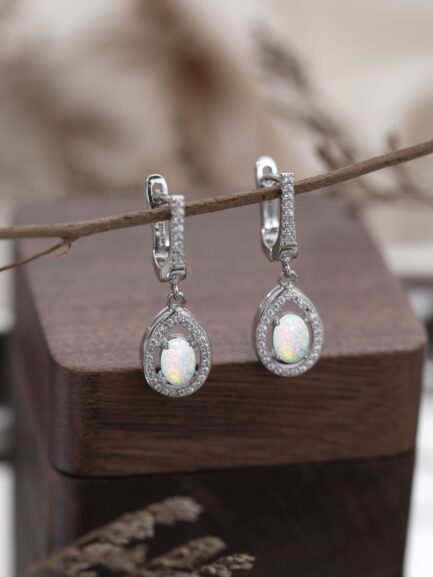 Oval Cut Opal Halo Drop Earrings For Women - Image 4