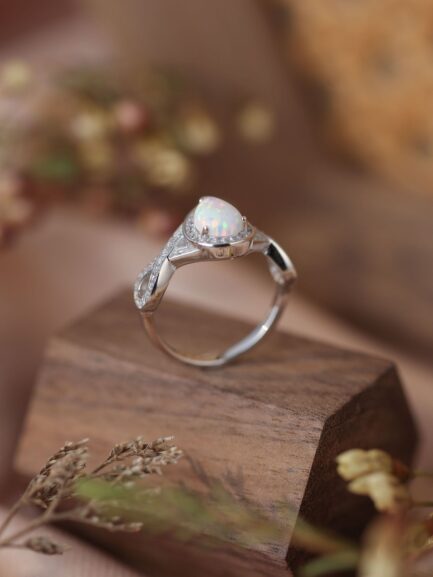 Pear Cut White Sapphire Opal Halo Engagement Ring - Image 5