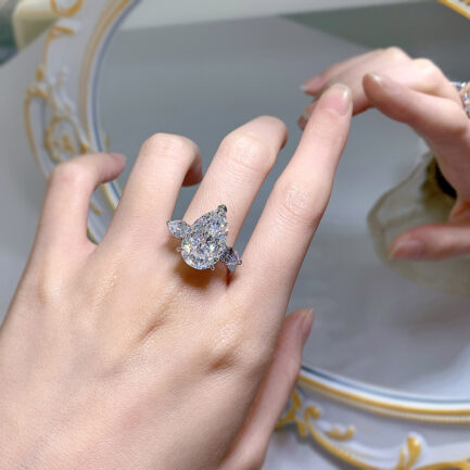 White Sapphire Pear Cut Three Stones Ring in Sterling Silver - Image 3