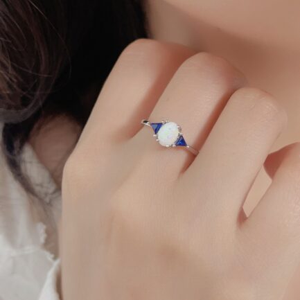 Three Stone Oval Cut White Opal Engagement Ring - Image 3