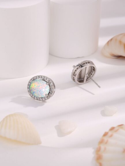 Oval Cut Opal Halo Stud Earrings For Women - Image 5