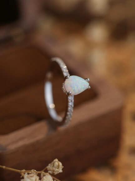 Pear Cut White Sapphire Opal Engagement Ring - Image 4