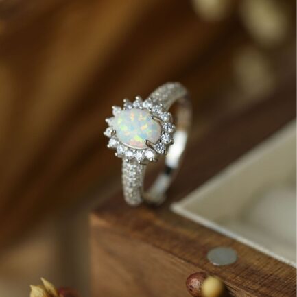 Oval Cut White Opal Halo Engagement Ring - Image 4